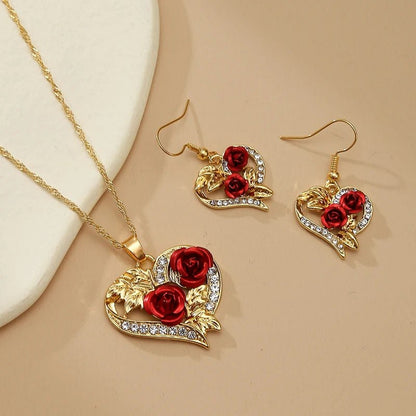 Romantic Heart Rose Diamond Necklace and Earring Set - Veinci