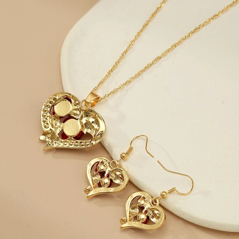 Romantic Heart Rose Diamond Necklace and Earring Set - Veinci