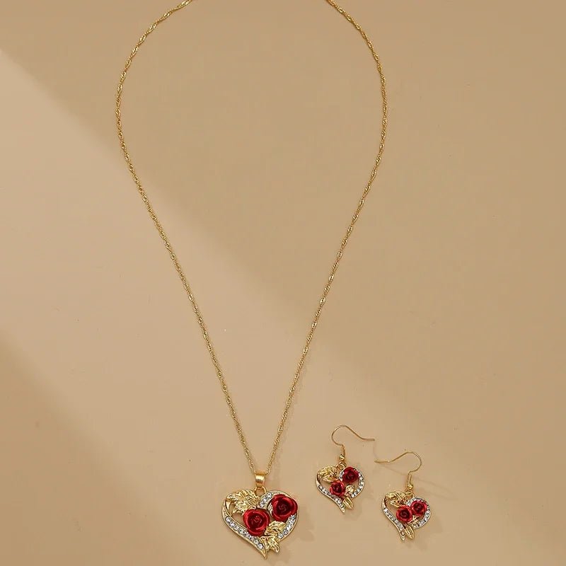 Romantic Heart Rose Diamond Necklace and Earring Set - Veinci