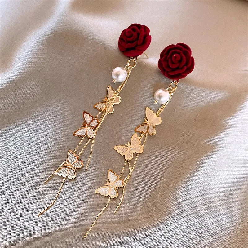 Romantic Rose Pearl Butterfly Dangle Earrings - Veinci