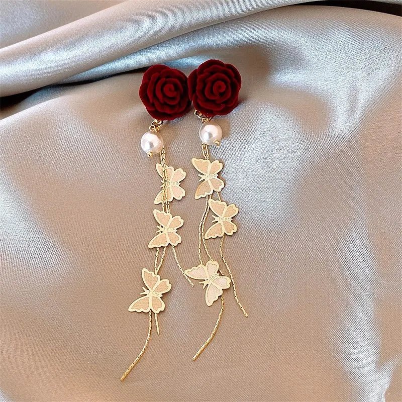 Romantic Rose Pearl Butterfly Dangle Earrings - Veinci