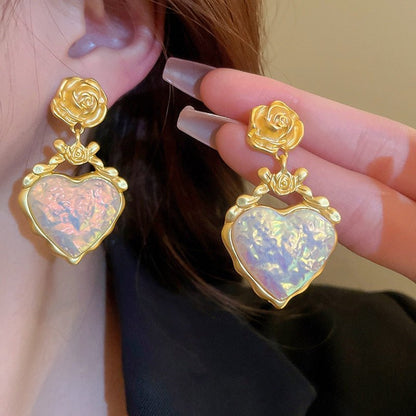 Rose Floral Enamel Heart Earrings - Veinci