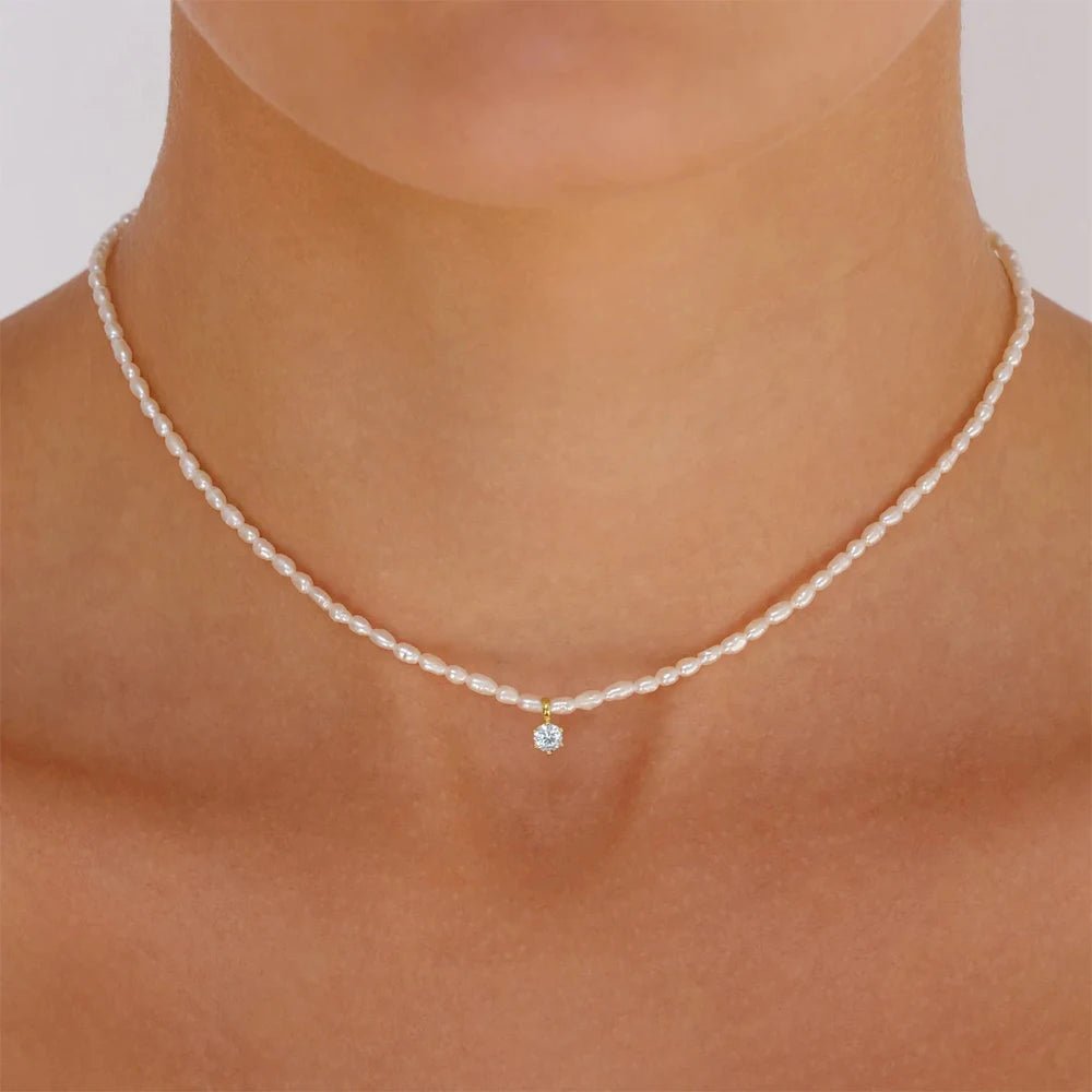 S925 Dainty Diamond Charm Pearl Necklace - Veinci