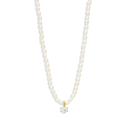 S925 Dainty Diamond Charm Pearl Necklace - Veinci