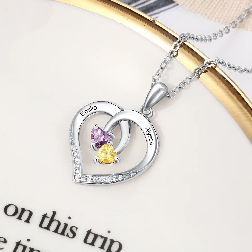 S925 Personalized Two Name & Birthstone Heart Pendant Necklace - Veinci