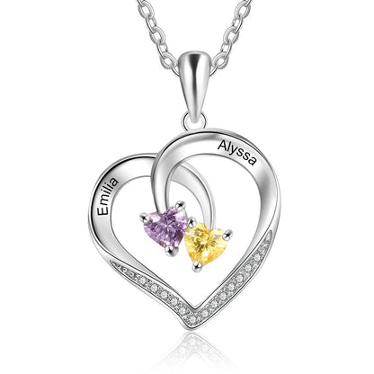 S925 Personalized Two Name & Birthstone Heart Pendant Necklace - Veinci