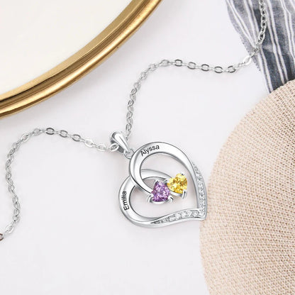 S925 Personalized Two Name & Birthstone Heart Pendant Necklace - Veinci