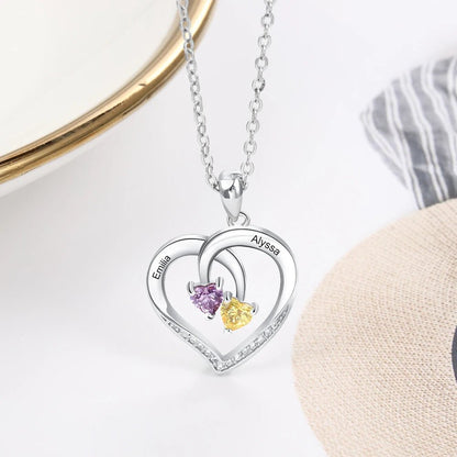 S925 Personalized Two Name & Birthstone Heart Pendant Necklace - Veinci