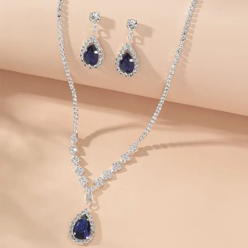 Shimmering Blue Teardrop Diamond Necklace and Earrings Set - Veinci