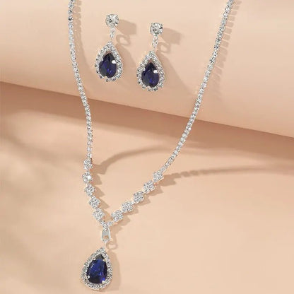 Shimmering Blue Teardrop Diamond Necklace and Earrings Set - Veinci