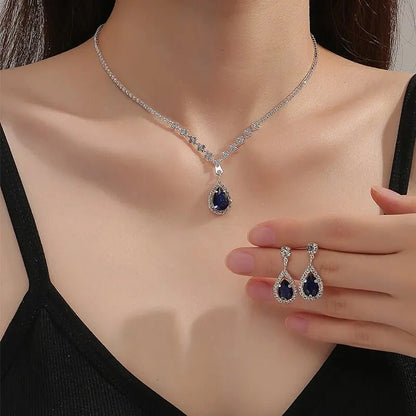 Shimmering Blue Teardrop Diamond Necklace and Earrings Set - Veinci