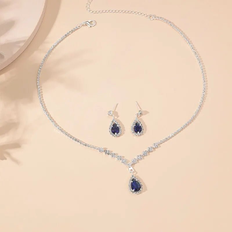 Shimmering Blue Teardrop Diamond Necklace and Earrings Set - Veinci