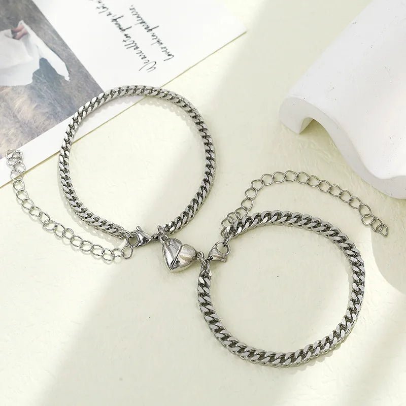 Simple Couples Cuban Magnetic Heart Bracelet Set - Veinci