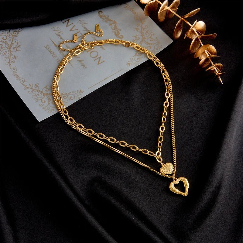 Stacked Golden Heart Contrast Necklaces - Veinci