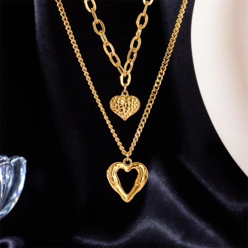 Stacked Golden Heart Contrast Necklaces - Veinci