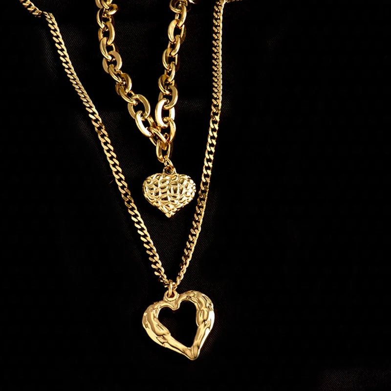 Stacked Golden Heart Contrast Necklaces - Veinci