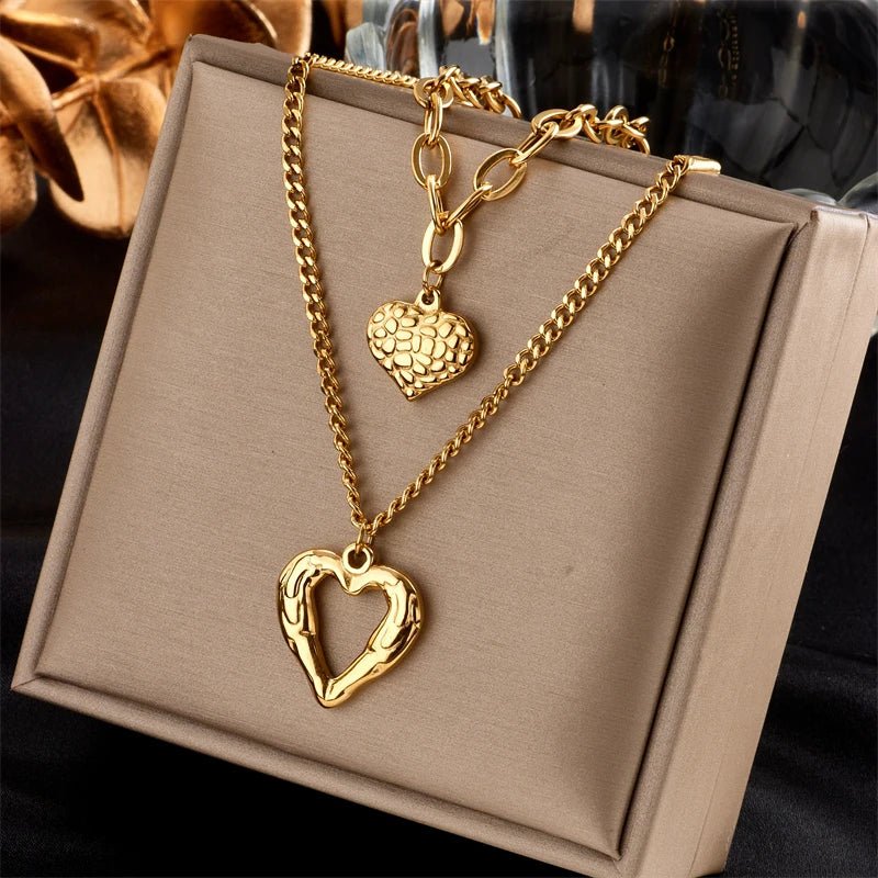 Stacked Golden Heart Contrast Necklaces - Veinci