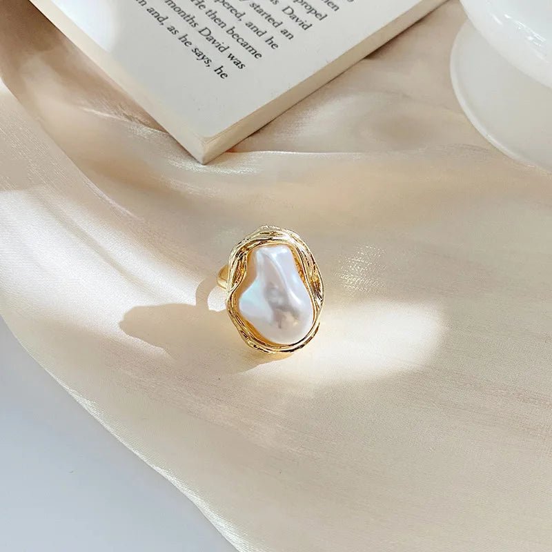 Statement Gold Accented Pearl Ring - Veinci