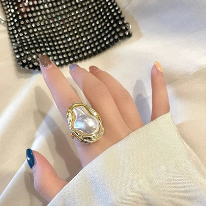 Statement Gold Accented Pearl Ring - Veinci