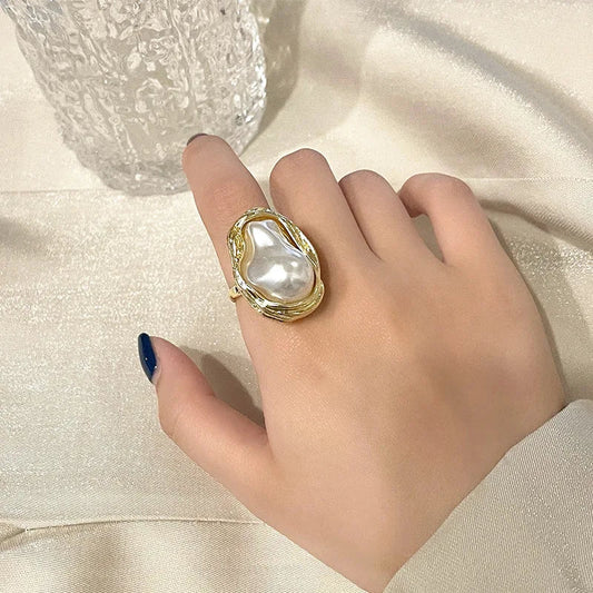 Statement Gold Accented Pearl Ring - Veinci