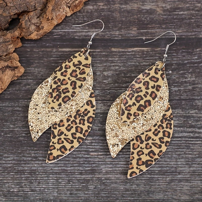 Vintage Leopard Print & Gold Sequin Layered Leaf Earrings