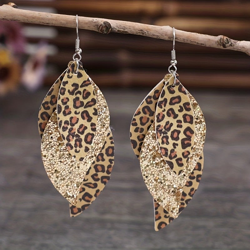 Vintage Leopard Print & Gold Sequin Layered Leaf Earrings