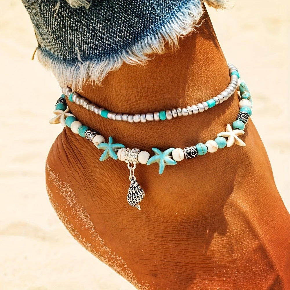 Boho Starfish Shell Anklet Set