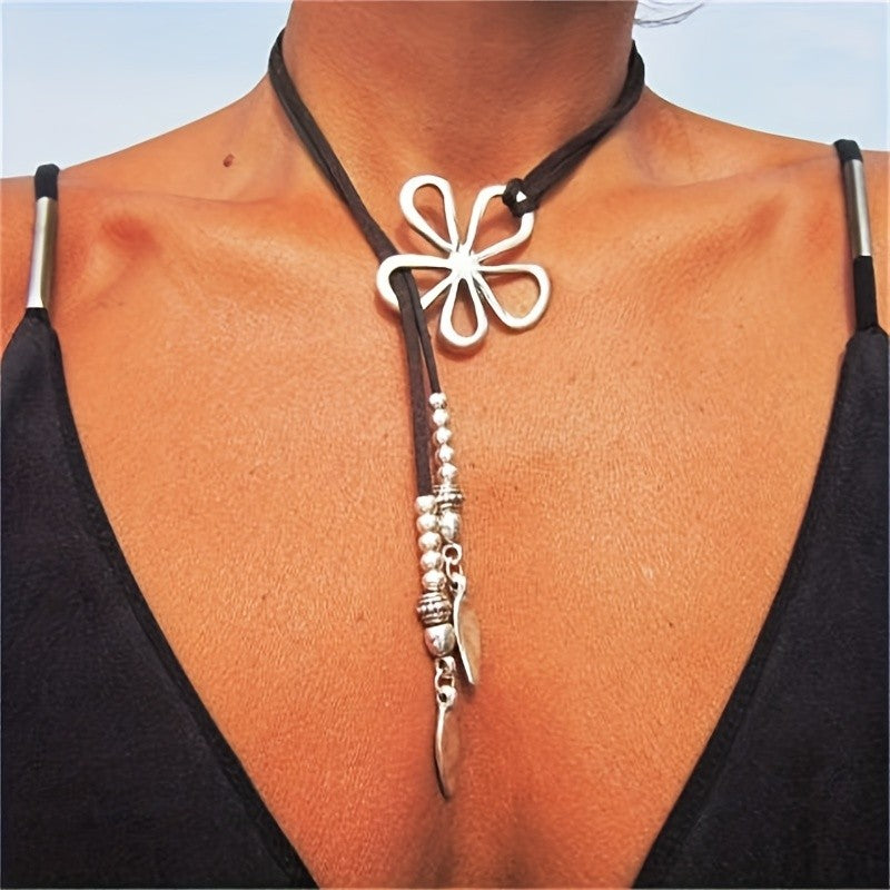 Boho Hollow Flower Leather Choker Necklace