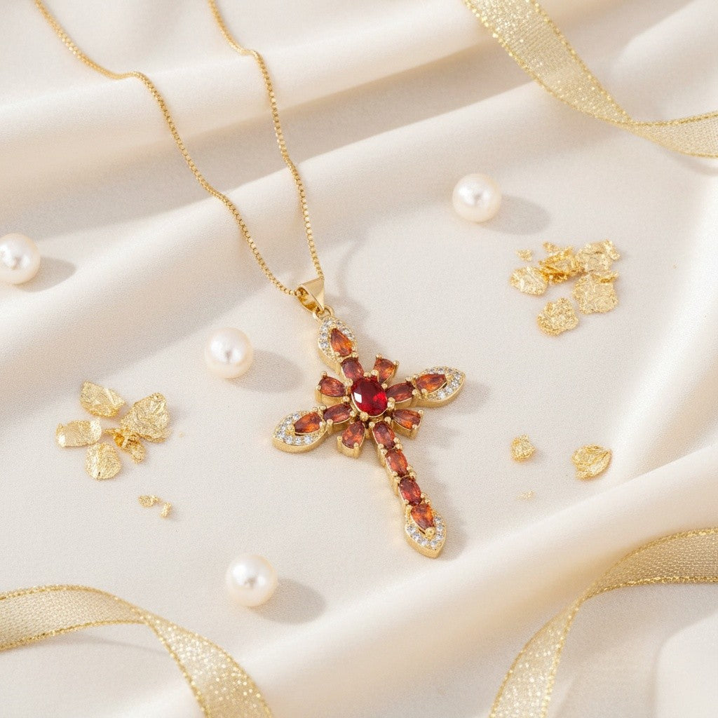 Boho Red Zircon Cross Necklace