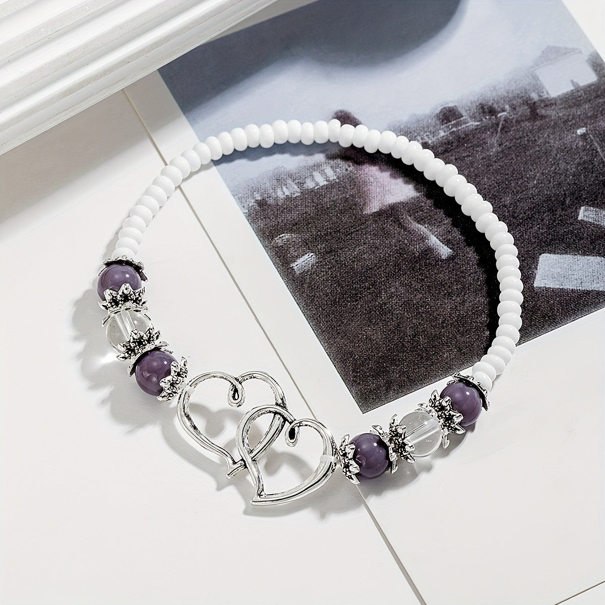 Romantic Purple Bead Double Heart Anklet