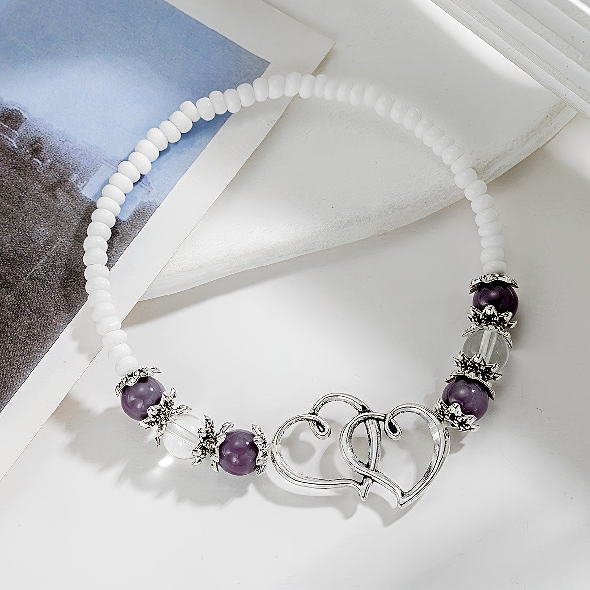 Romantic Purple Bead Double Heart Anklet