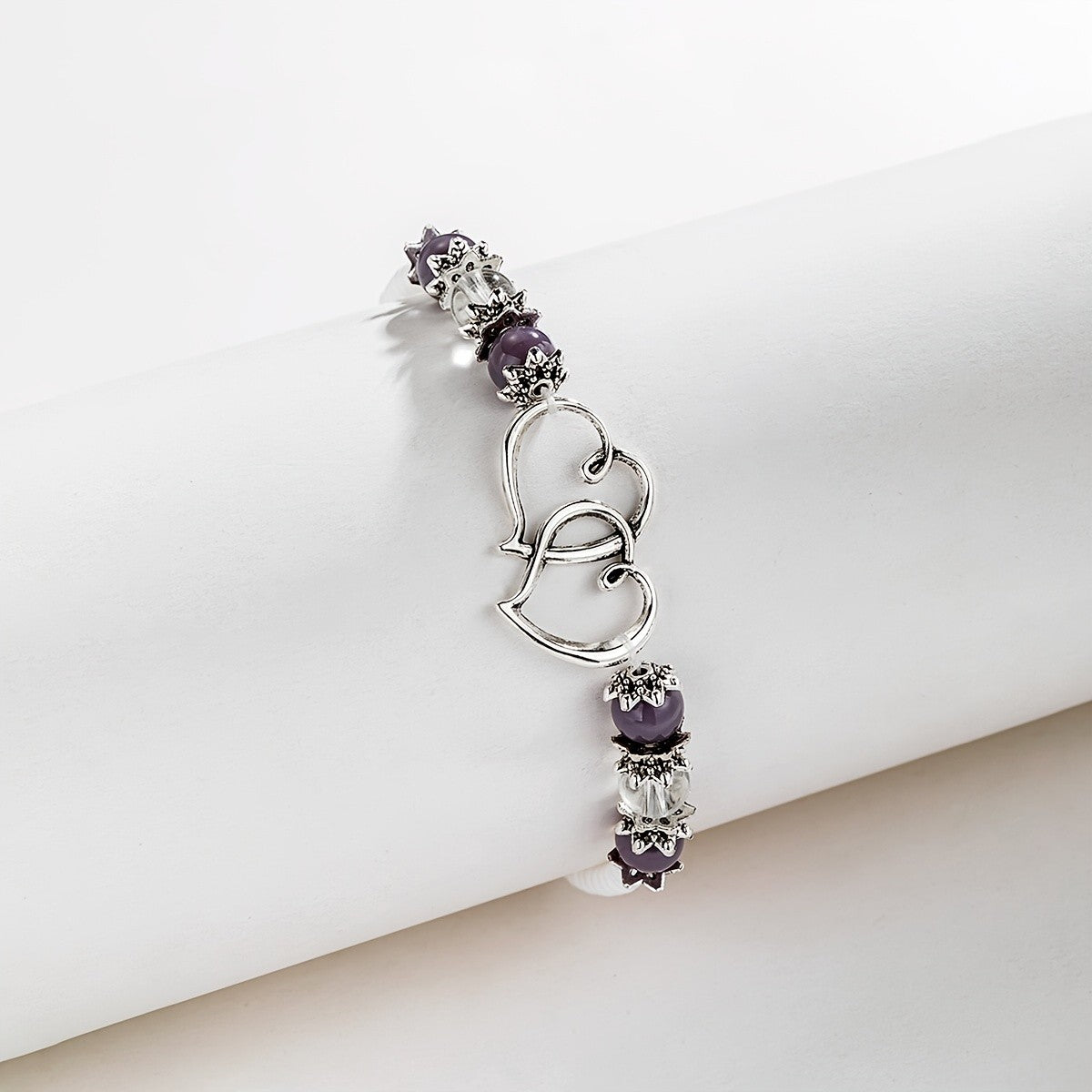 Romantic Purple Bead Double Heart Anklet