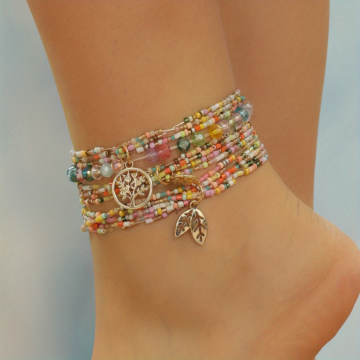 Boho Colorful Bead Tree of Life Anklet Set