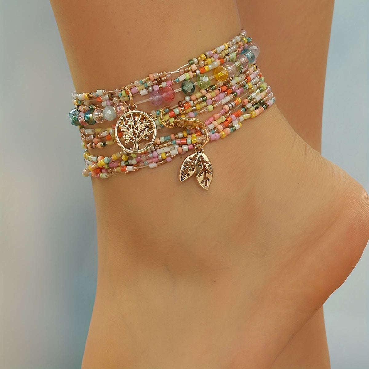 Boho Colorful Bead Tree of Life Anklet Set