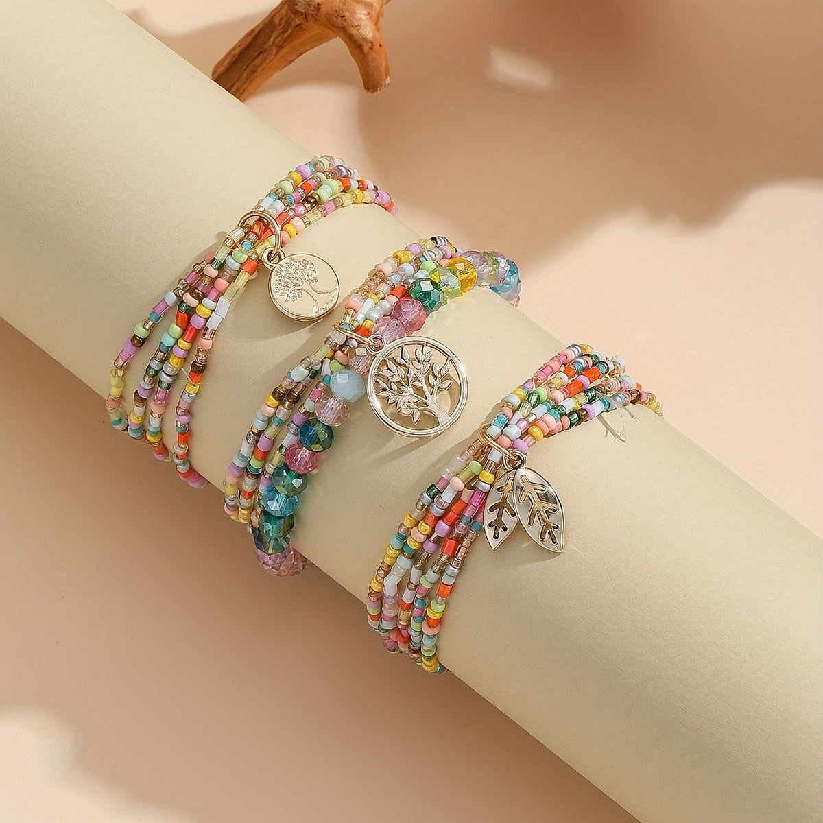 Boho Colorful Bead Tree of Life Anklet Set