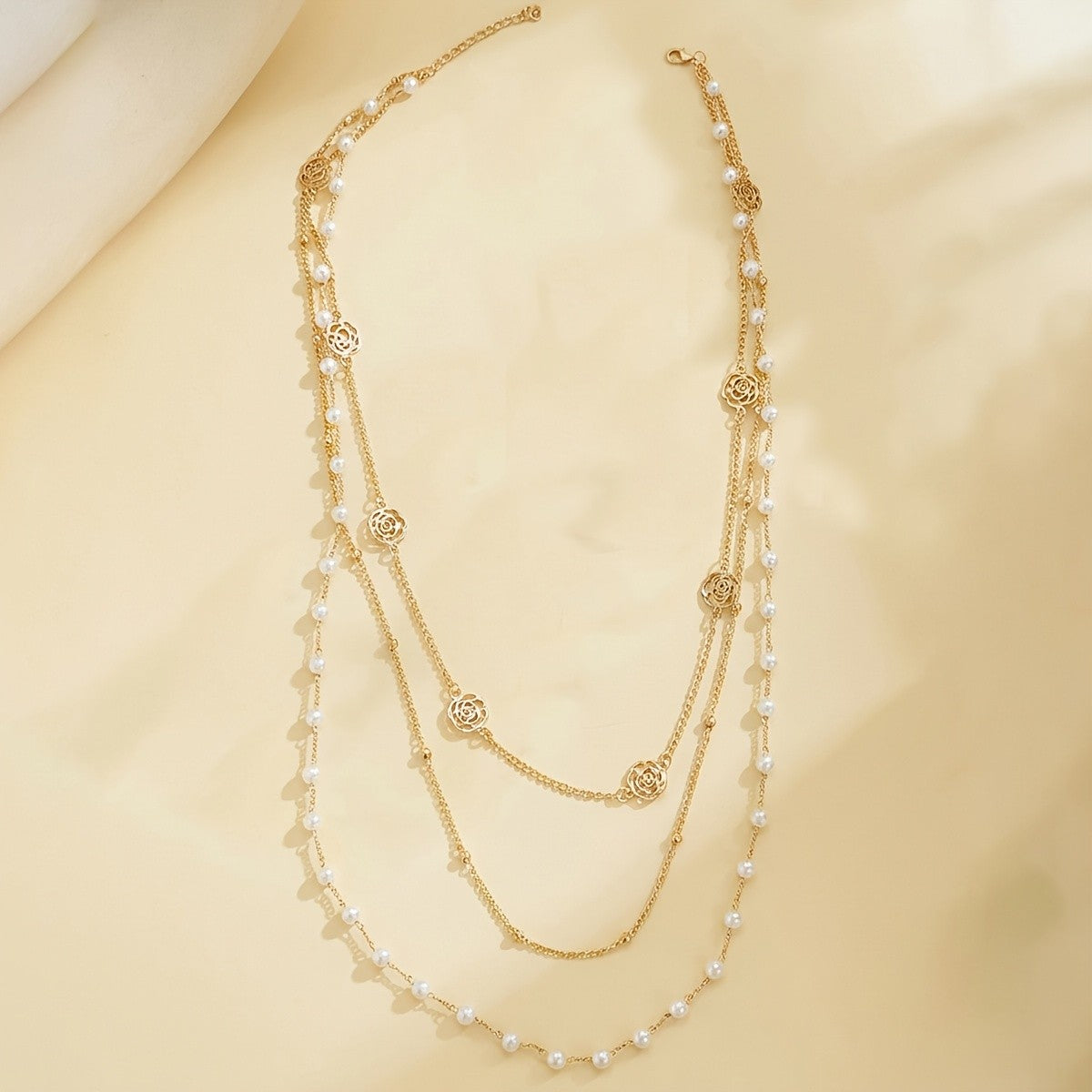 Elegant Layered Rose Pearl Necklace