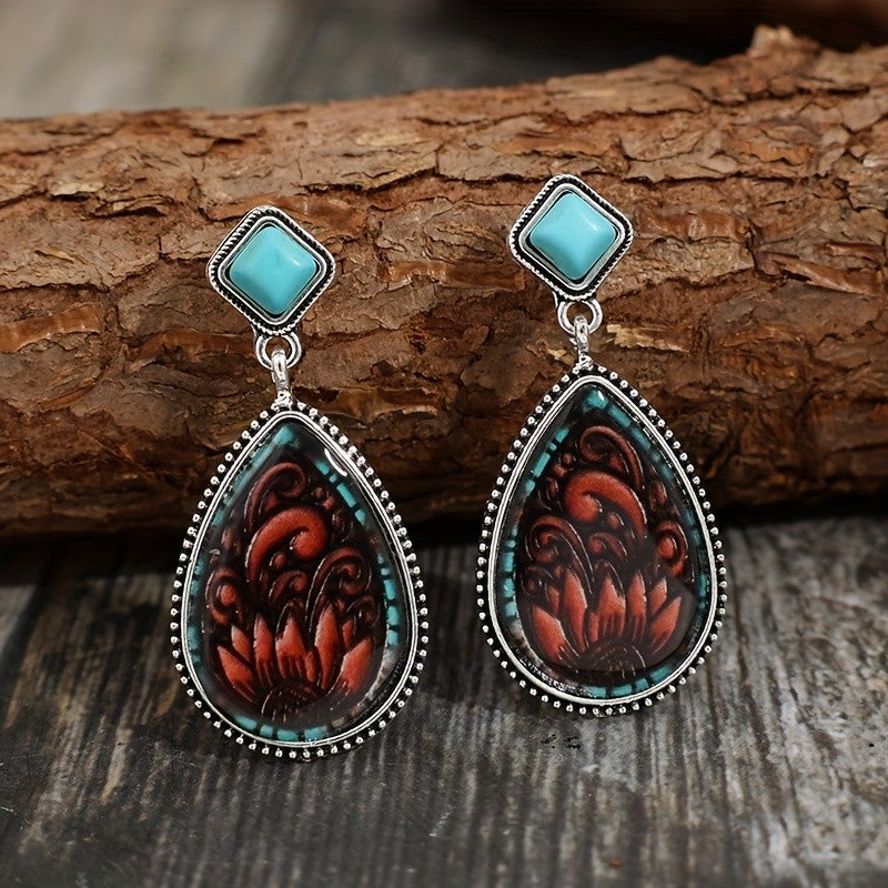 Boho Vintage Carved Turquoise Drop Earrings