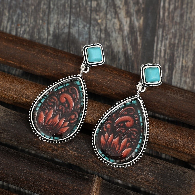 Boho Vintage Carved Turquoise Drop Earrings