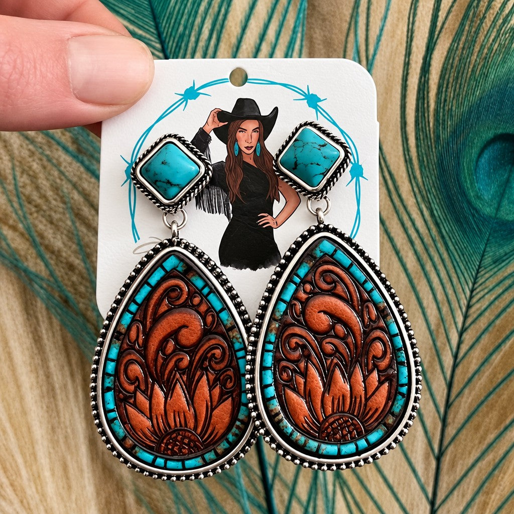 Boho Vintage Carved Turquoise Drop Earrings