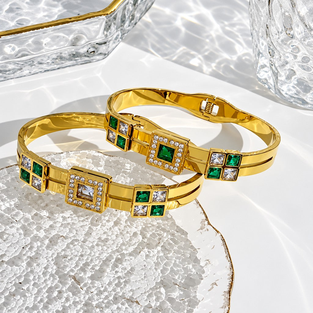 18k Elegant Square Gem Cuff Bracelet