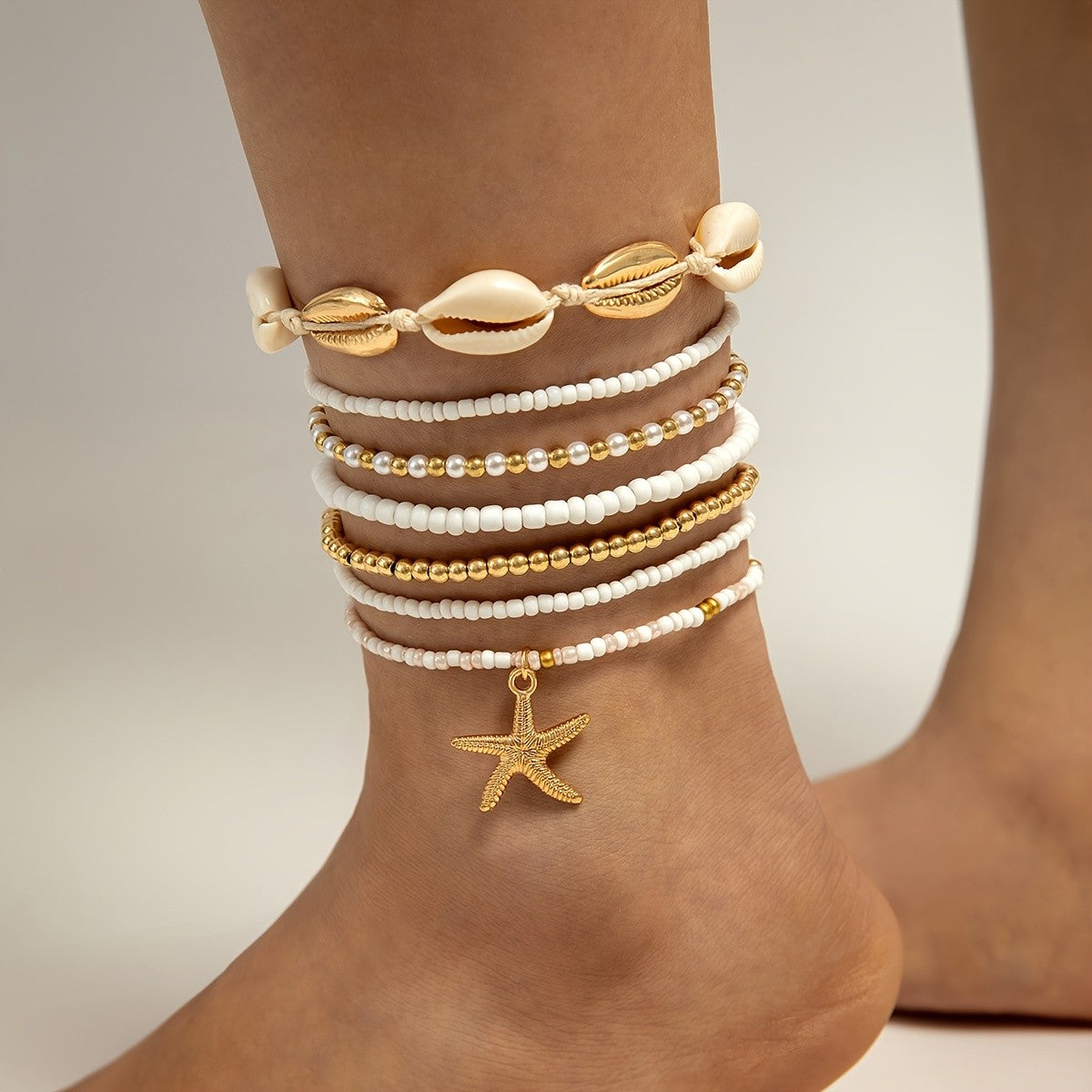 Boho Starfish Shell Bead Anklet Set