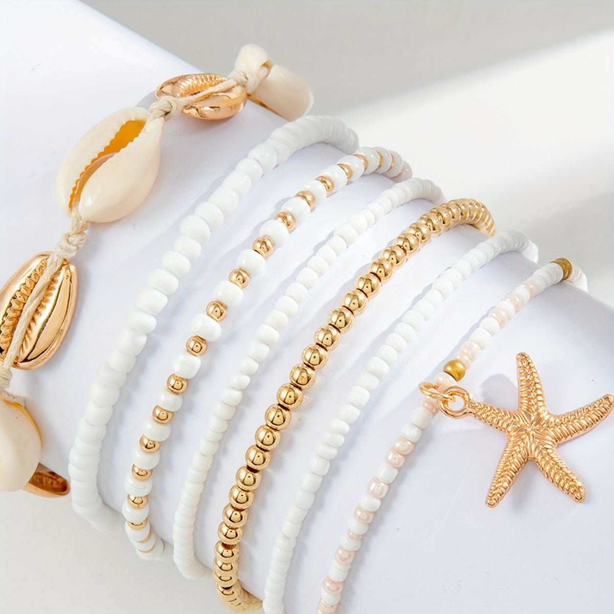 Boho Starfish Shell Bead Anklet Set