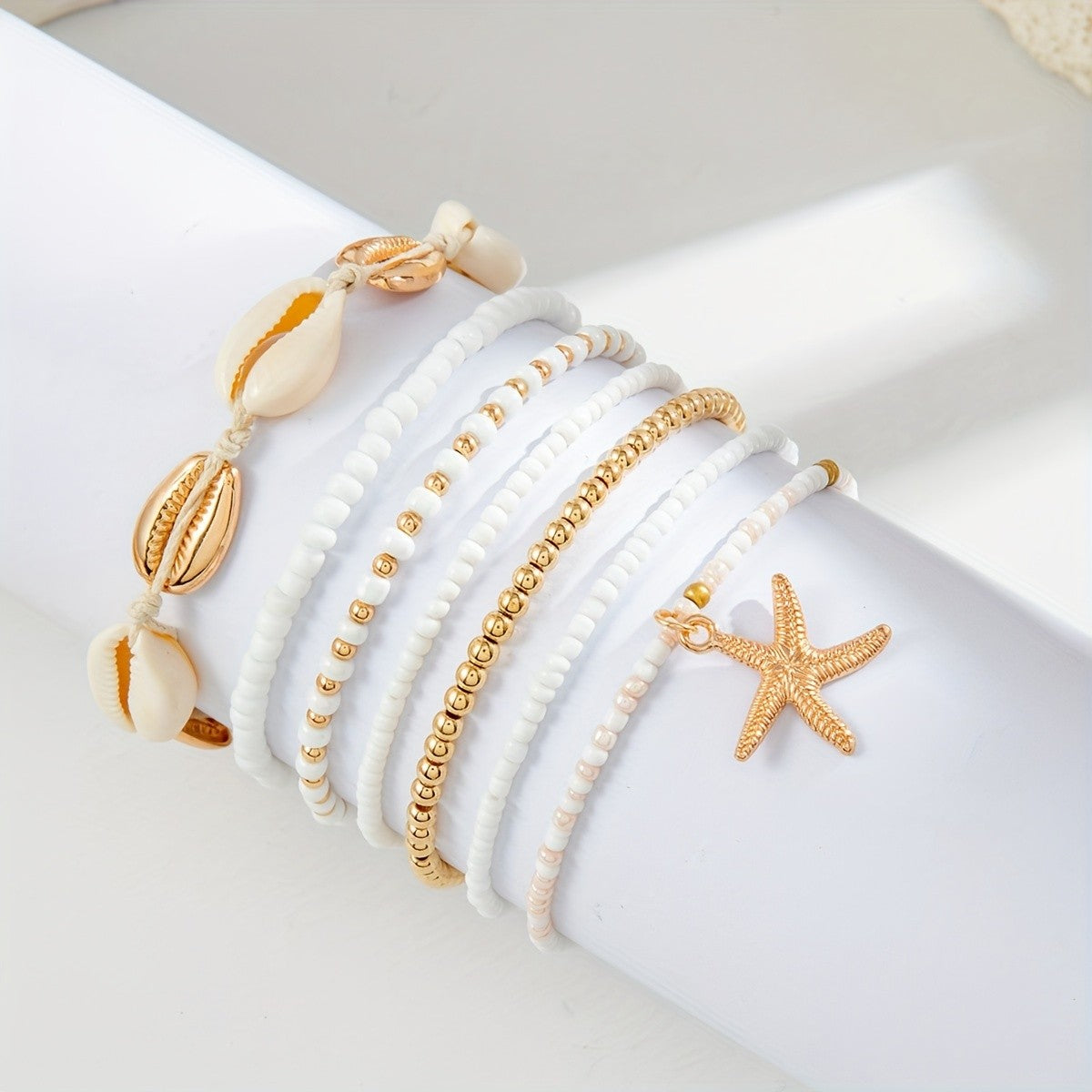 Boho Starfish Shell Bead Anklet Set