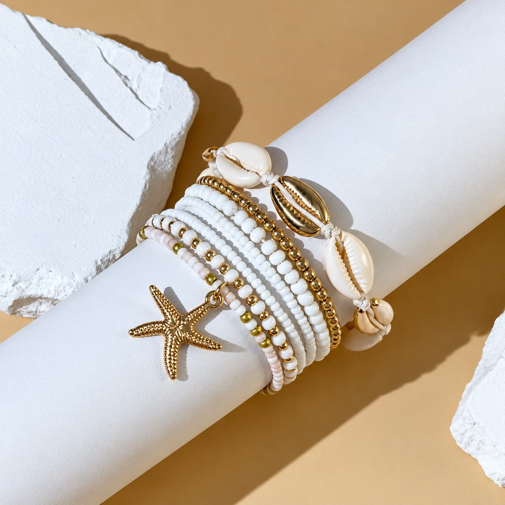 Boho Starfish Shell Bead Anklet Set