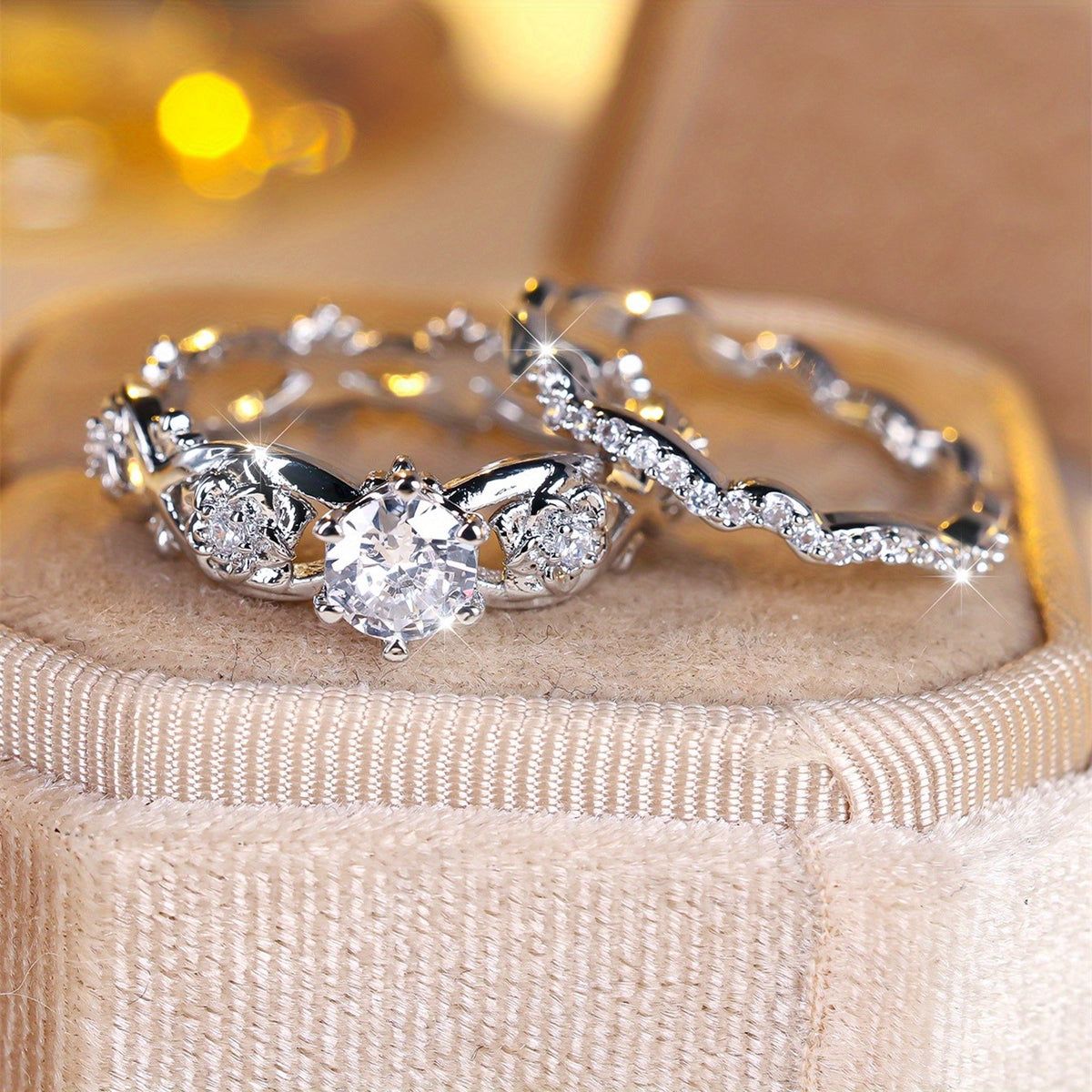 Romantic Floral Wave Zirconia Ring Set