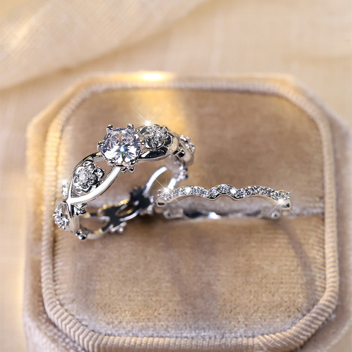 Romantic Floral Wave Zirconia Ring Set