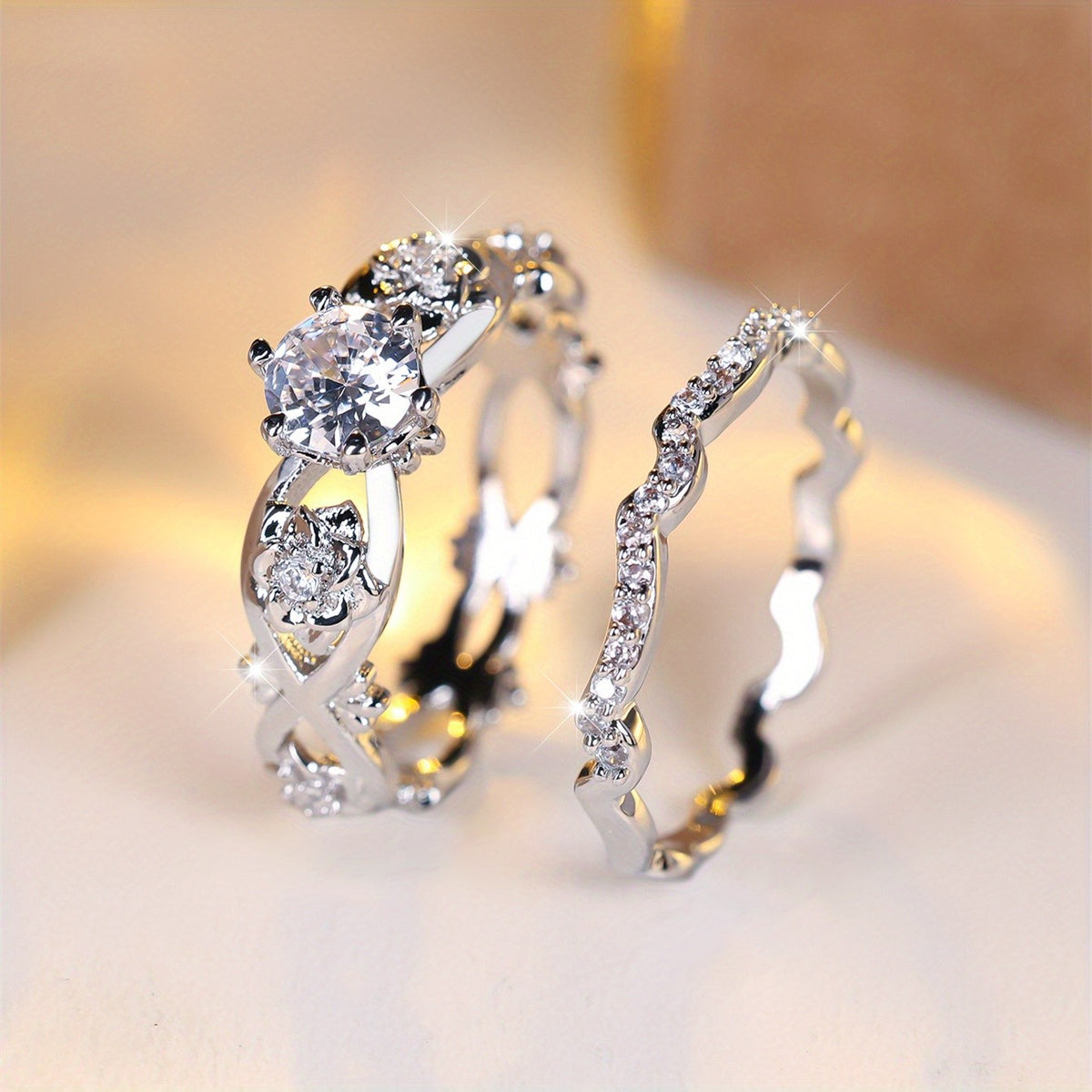 Romantic Floral Wave Zirconia Ring Set