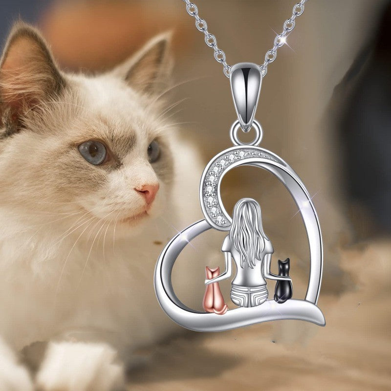 Romantic Girl And Cats Heart Necklace