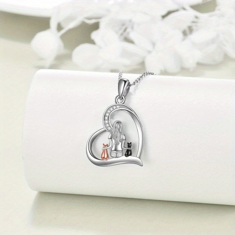 Romantic Girl And Cats Heart Necklace