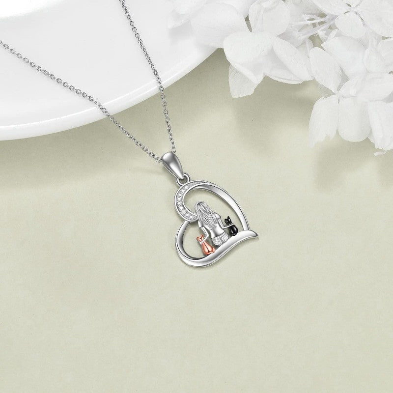 Romantic Girl And Cats Heart Necklace